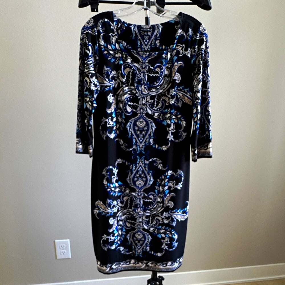 Roz & Ali Womens Dress Size M Black Blue Paisley Shift 3/4 Sleeve Scoop Neck